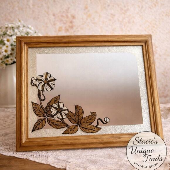 Vintage Framed Floral Reverse Painted Glass Art Mirror Cottagecore Decor